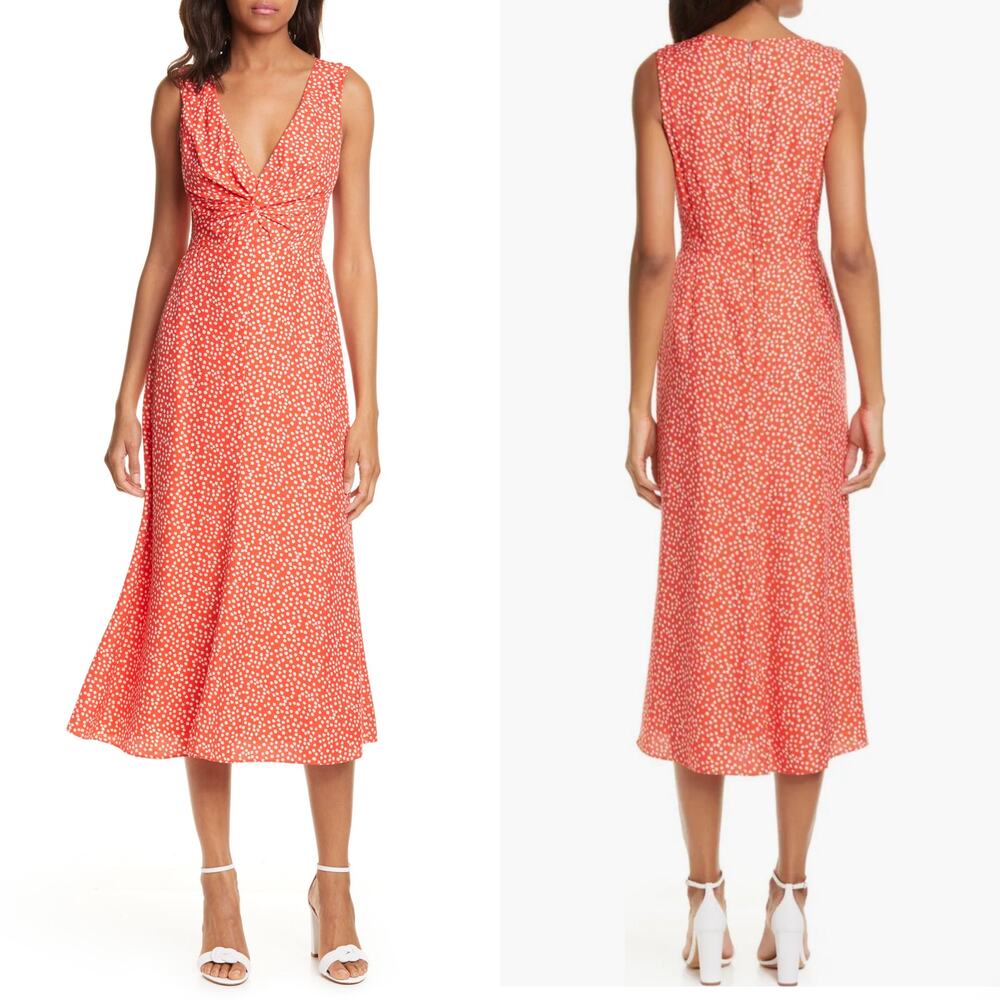 REBECCA TAYLOR Malia Silk Blend Dress Womens 4 Floral Midi Twist Front Feminine